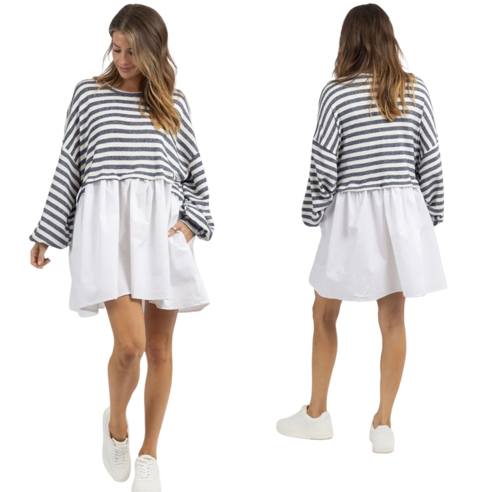 Bucket List Striped Baby Doll Mini‎ Dress NEW